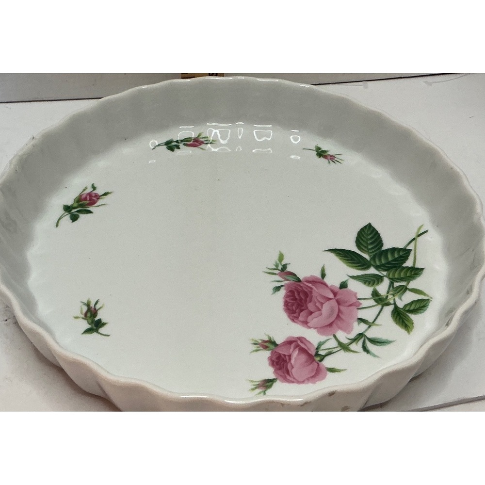 Christineholm Vintage Quiche Dish Pink Rose Floral Fluted Porcelain 10in Cottage